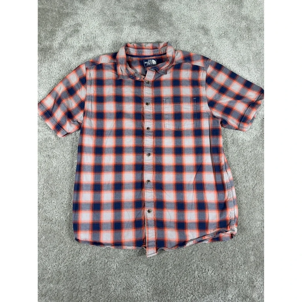 The North Face Mens Plaid Short Sleeve Button Down Shirt Orange Navy Blue Medium